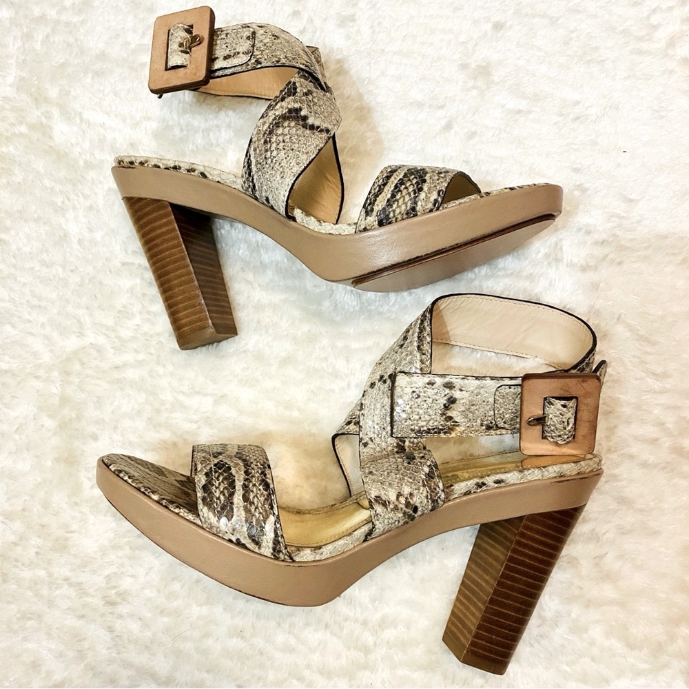 Coach Snakeskin and Tan Block Heel Kensington Platform Sandals